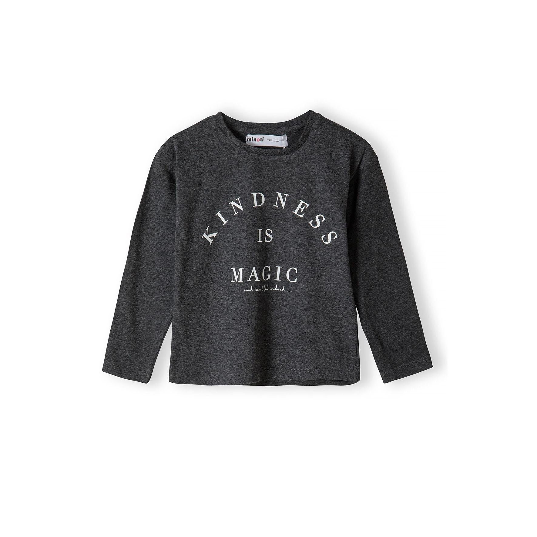 Grey long sleeve t-shirt with white 'Kindness is Magic' text print displayed flat on white background, front view