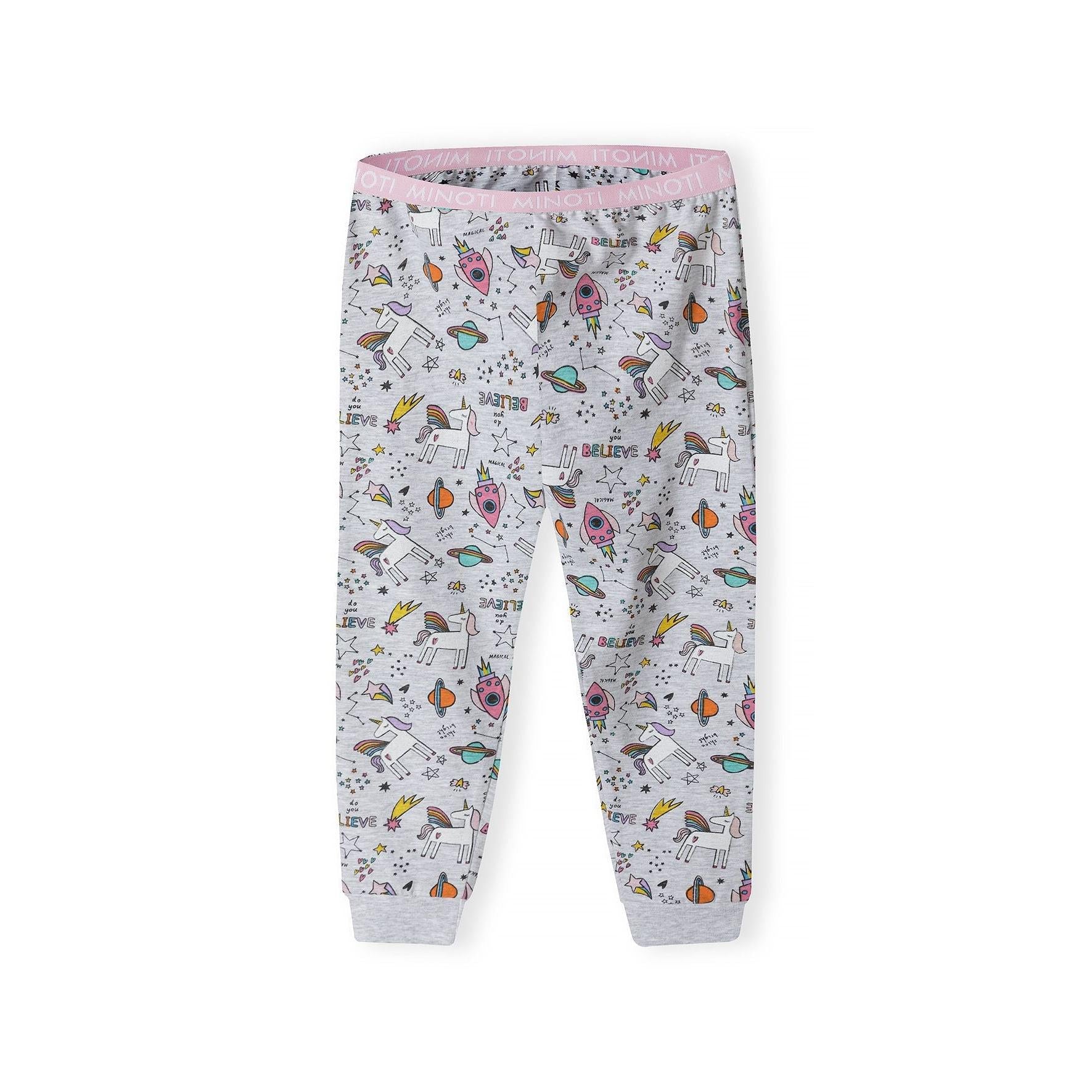 Back view of grey pyjama joggers with matching unicorn space print pattern and pink waistband trim on white background