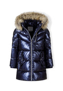 Girls navy shiny winter coat with fleece and faux fur