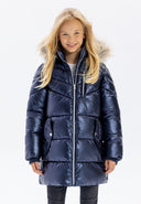 Girls navy shiny winter coat with fleece and faux fur
