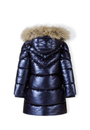 Girls navy shiny winter coat with fleece and faux fur
