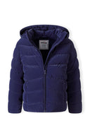 Navy blue girls padded jacket, quilted hooded puffer with zipper
