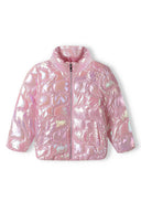 Pink iridescent quilted girls padded jacket with high collar and zipper
