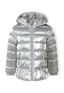 Girls padded jacket in silver metallic quilted hooded design
