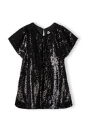 Black sequined short-sleeved girls party dress with flowing silhouette