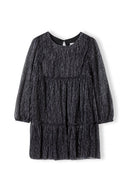 Black textured tiered girls party dress with long sleeves