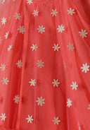 Girls party dress with coral tulle skirt and white daisy embroidery