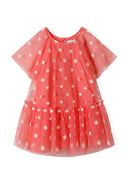 Coral girls party dress with white daisy embroidery on tulle
