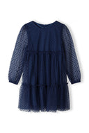 Navy blue polka dot tulle girls party dress with sheer sleeves and ruffles