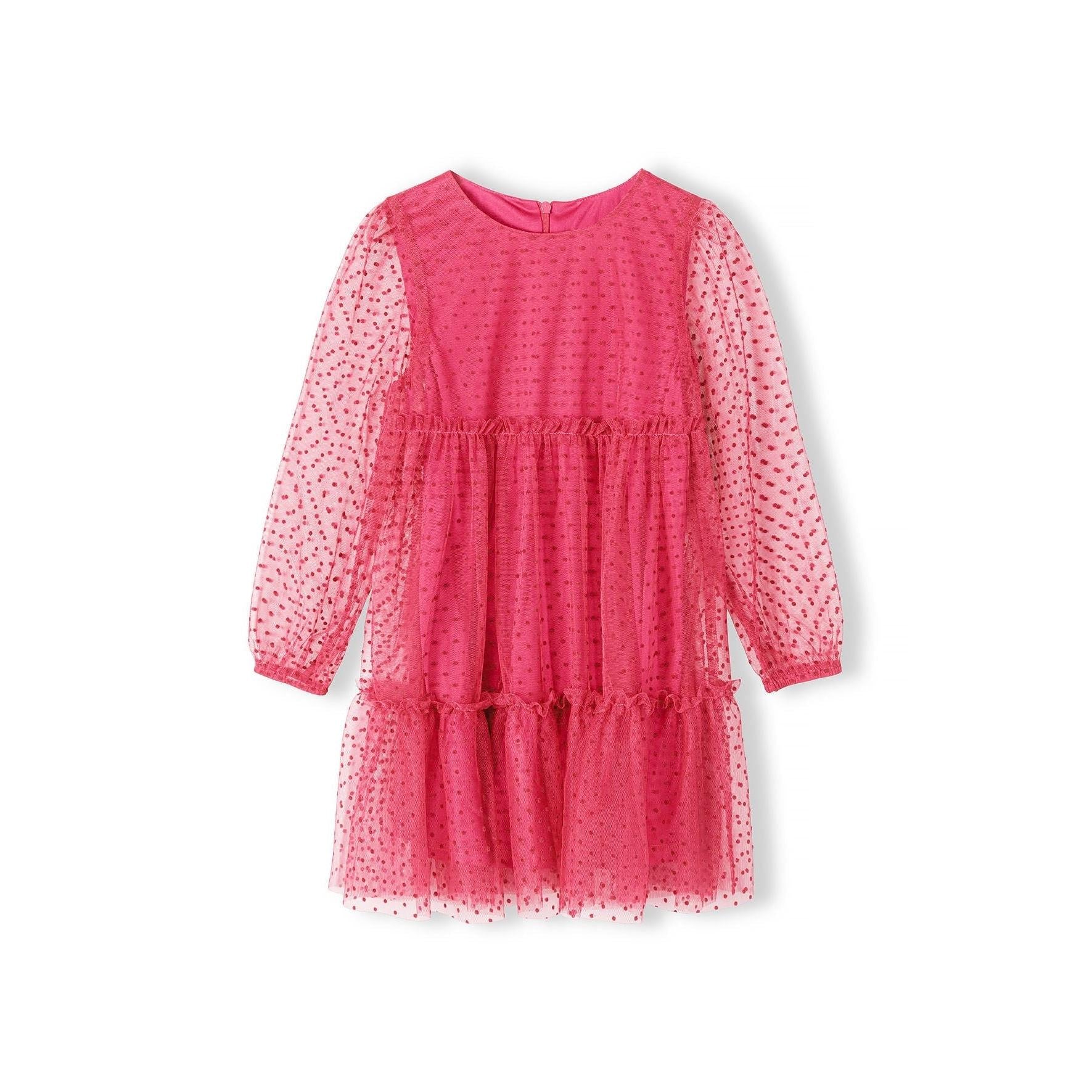 Pink flock dotted party dress laid flat showing back view with zip fastening, long balloon sleeves and tiered ruffle skirt on white background