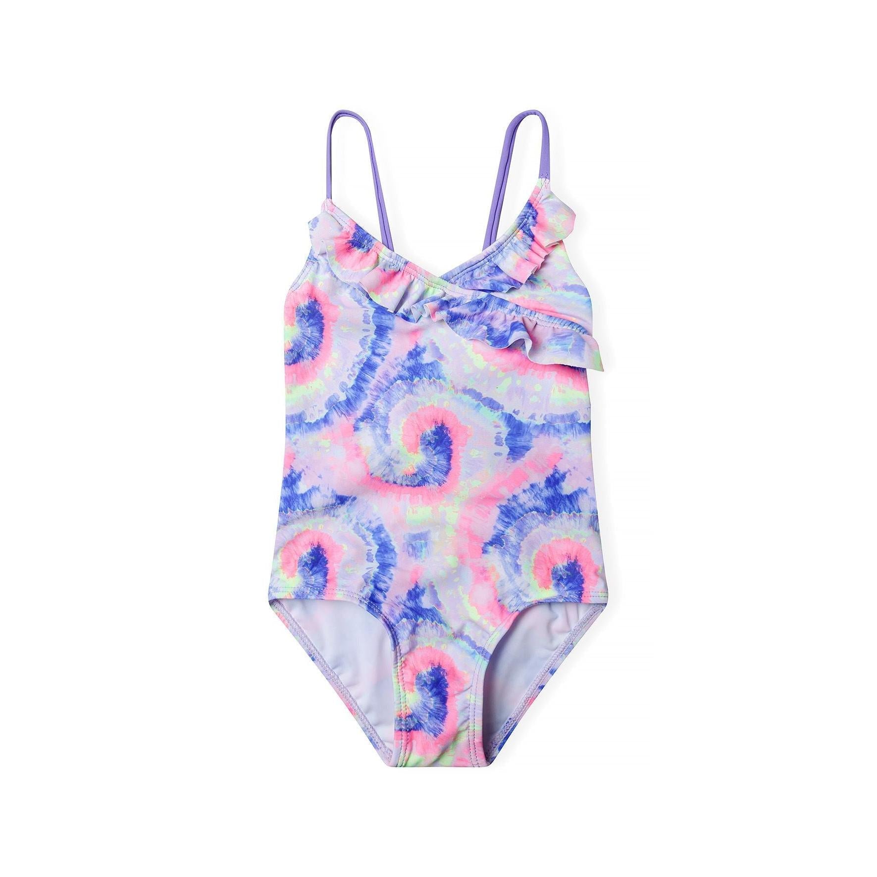 Front view of tie-dye one-piece swimsuit in lilac with pink and blue circular patterns, featuring cross-back straps and ruffle detail at neckline on white background