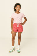 Bright pink girls poplin shorts with ruffled hem and white drawstring