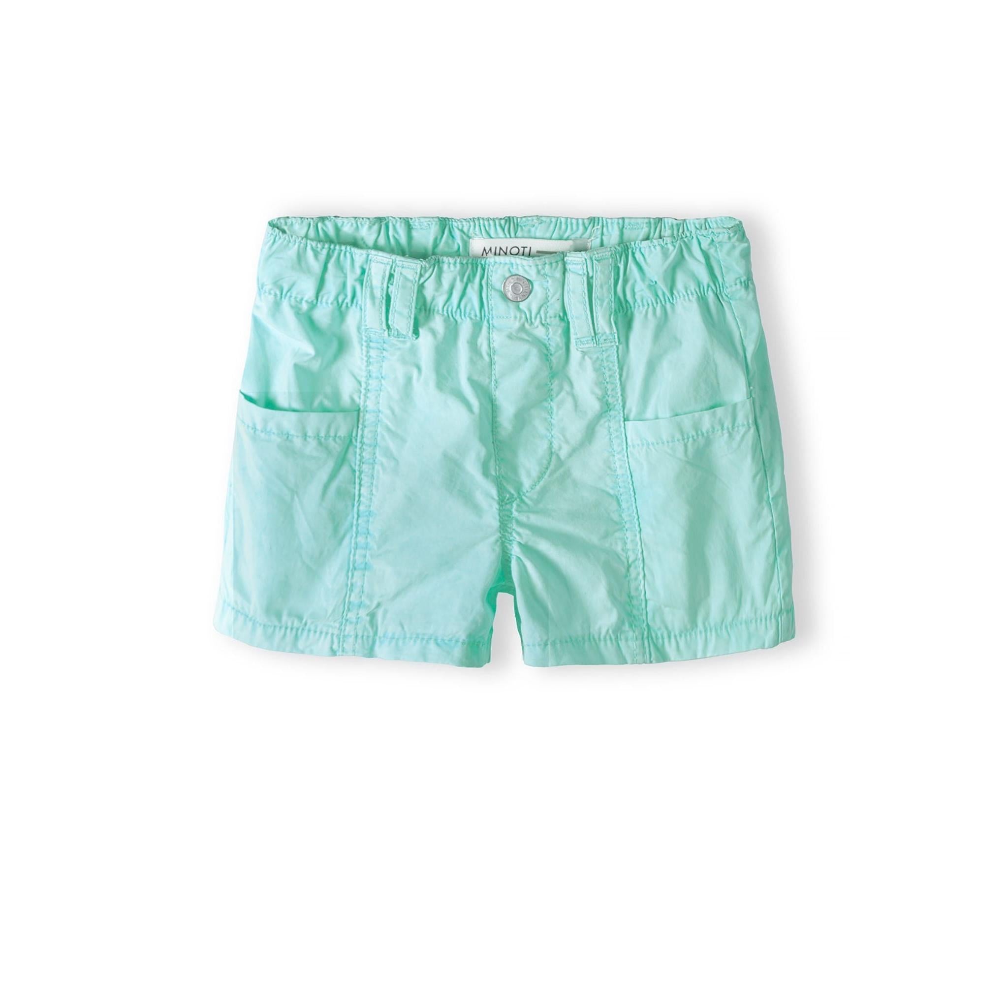Back view of mint green poplin shorts showing two patch pockets and elasticated waistband on white background