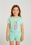 Girls poplin shorts and mint green t-shirt set with purple drink print