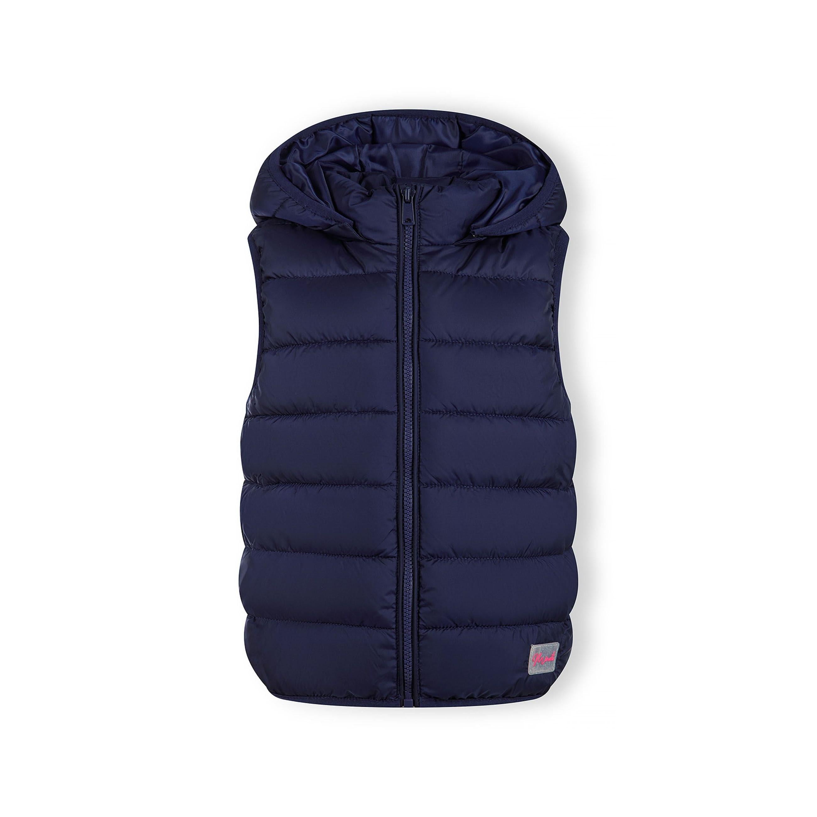 Navy quilted gilet laid flat showing detachable hood, full-zip front closure and Minoti brand label on interior