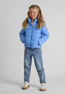 Light blue hooded girls quilted jacket with zipper front and puffer design