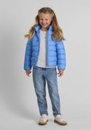 Light blue hooded girls quilted jacket with high collar and zipper
