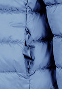 Girls light blue quilted jacket with dark blue puffer hood and stitching