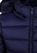 Girls quilted jacket in navy blue with detachable hood and quilted stitching