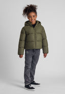 Girls khaki short water repellent quilted jacket with hood and high collar