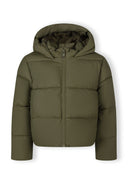 Girls khaki short water repellent quilted jacket with hood and high collar