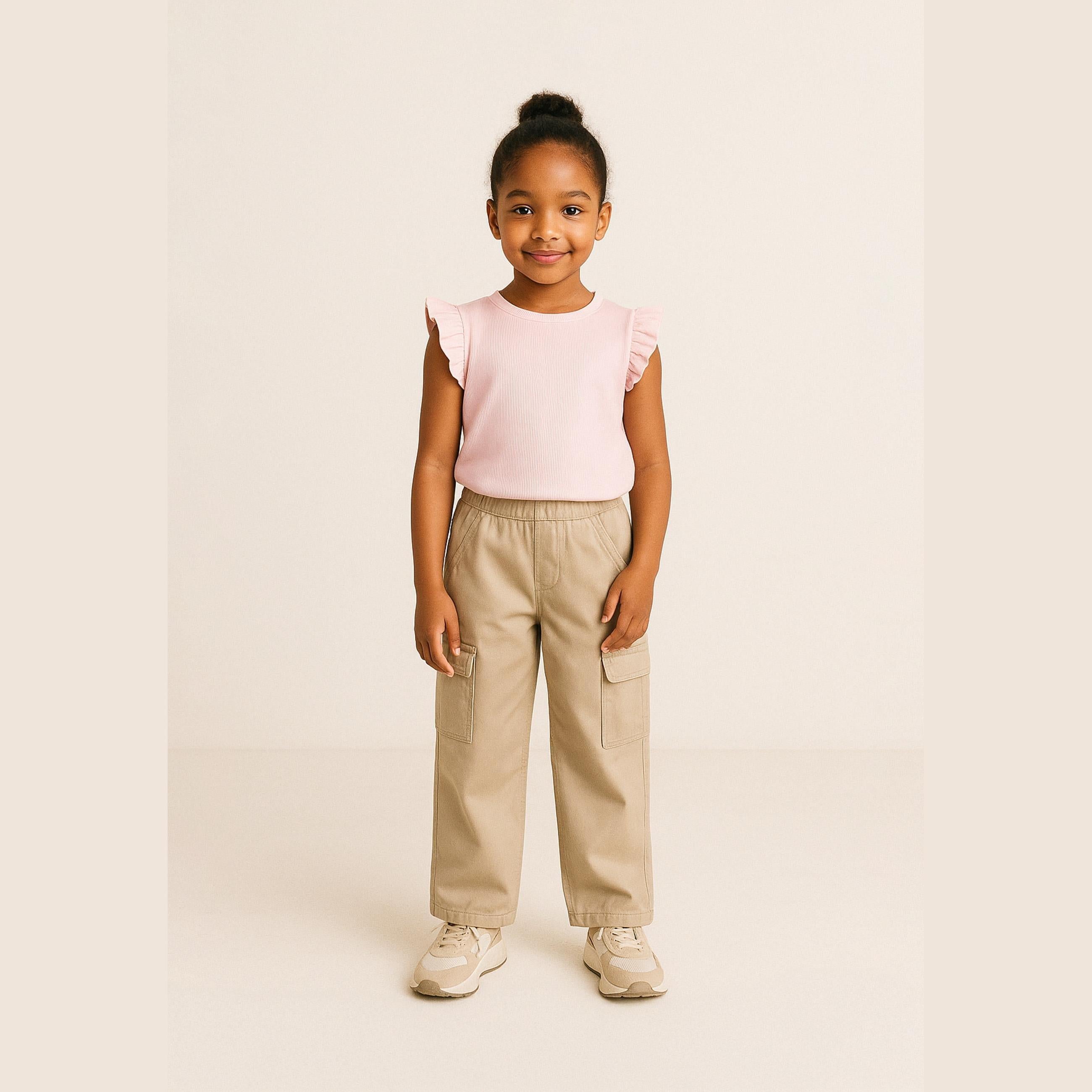 Young girl wearing pink ribbed t-shirt with ruffle sleeves and beige cargo trousers, standing against neutral background
