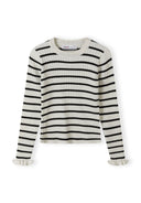 Girls ribbed jumper in black and cream stripes with ruffled cuffs