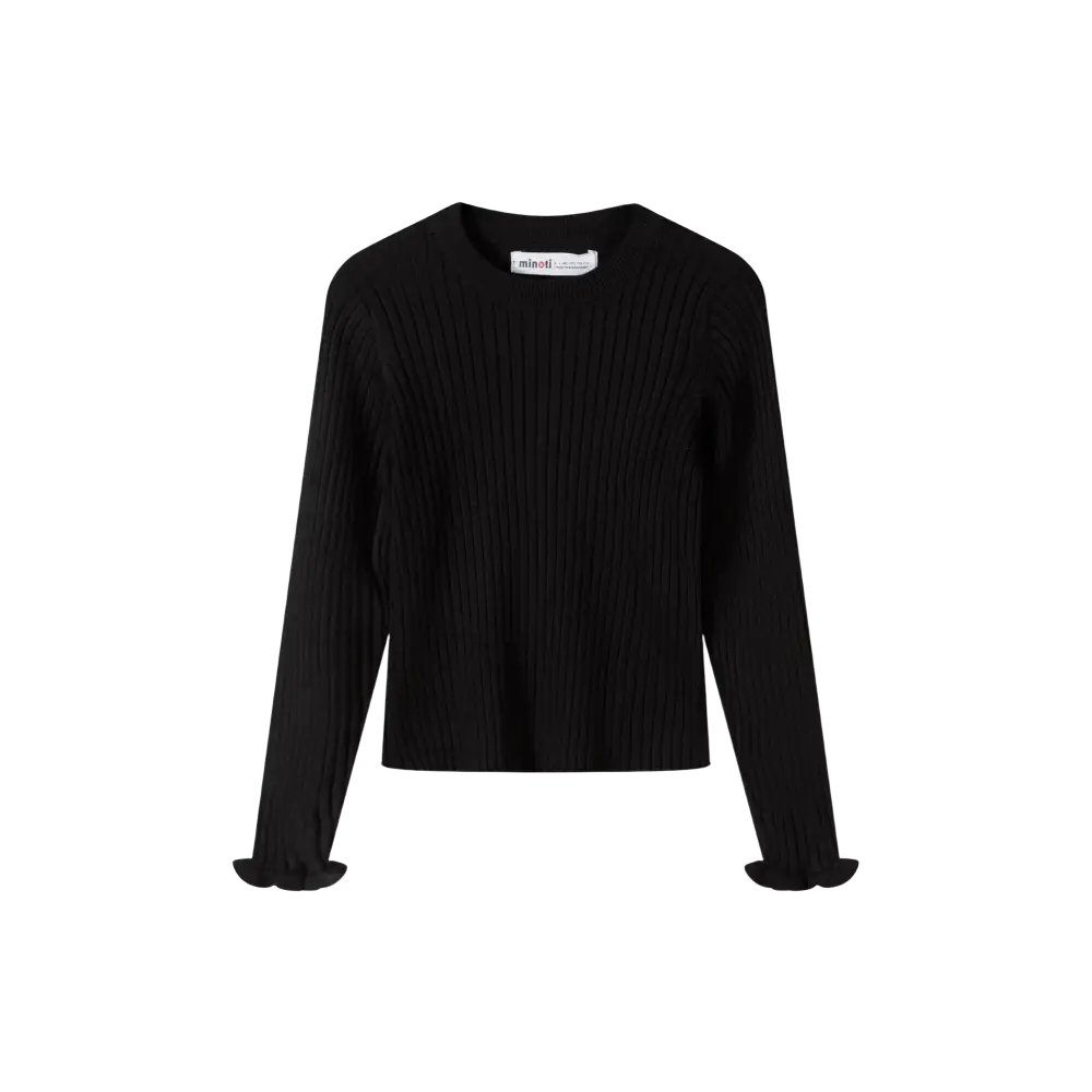 Back view of black ribbed jumper showing ribbed texture and long sleeves on black background