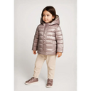 Girl in rose gold padded winter jacket with hood and metallic shoes