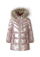Girls pink shiny winter coat with fleece and faux fur