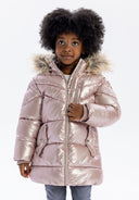Girls pink shiny winter coat with fleece and faux fur