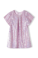 Shimmering pink girls sequin party dress with flutter sleeves and pleats