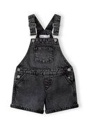 Girls short jeans dungarees adjustable braces black 2-14y made from soft black denim, featuring practical button fastenings for a secure fit.