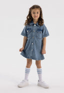 Girls short sleeve collared denim dress navy 2-14y with short sleeves, collared neckline, patch pockets and relaxed fit.