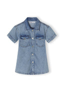 Girls short sleeve collared denim dress navy 2-14y featuring a classic collar, short sleeves, and front patch pockets. Perfect for casual wear.
