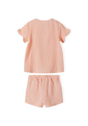Girls short sleeve linen shorts set coral in soft blush pink