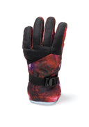 Colorful kids' ski gloves with space-themed design, waterproof fabric and adjustable strap, perfect for ages 2-14y.