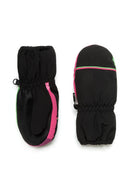 Girls ski mitts waterproof nylon multicoloured 2-14y, featuring black and pink design, with elastic cuffs for a snug fit.  