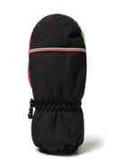 Multicoloured girls ski mitts featuring a waterproof nylon exterior, elastic cuff for secure fit, sized for ages 2-14y.