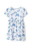 Girls summer dress in white with blue butterfly print and flutter sleeves
