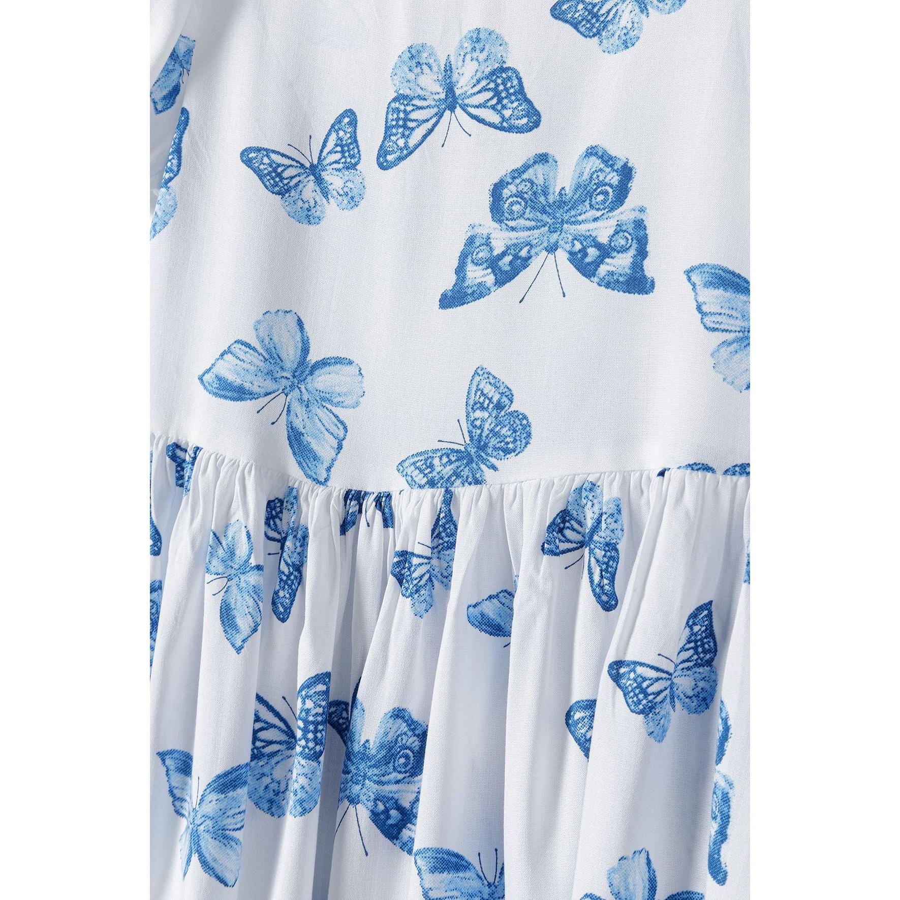 Close-up detail of blue butterfly print pattern on white fabric showing various sized butterflies with intricate wing designs