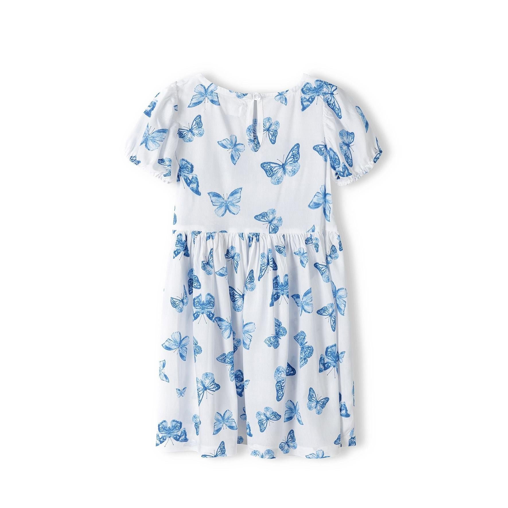 White butterfly print dress laid flat showing blue butterfly pattern, short bell sleeves with elasticated cuffs and crew neckline