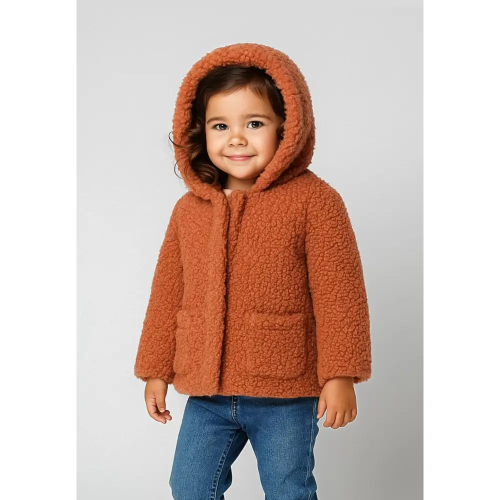 Young child wearing coral orange teddy fleece jacket with hood up, paired with blue jeans, standing against white background