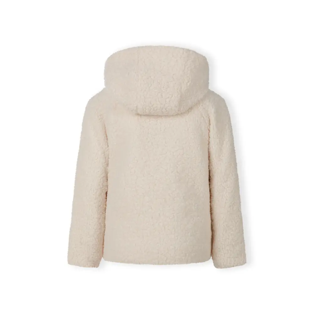 Back view of cream teddy fleece hooded jacket showing plush texture and hood detail on white background