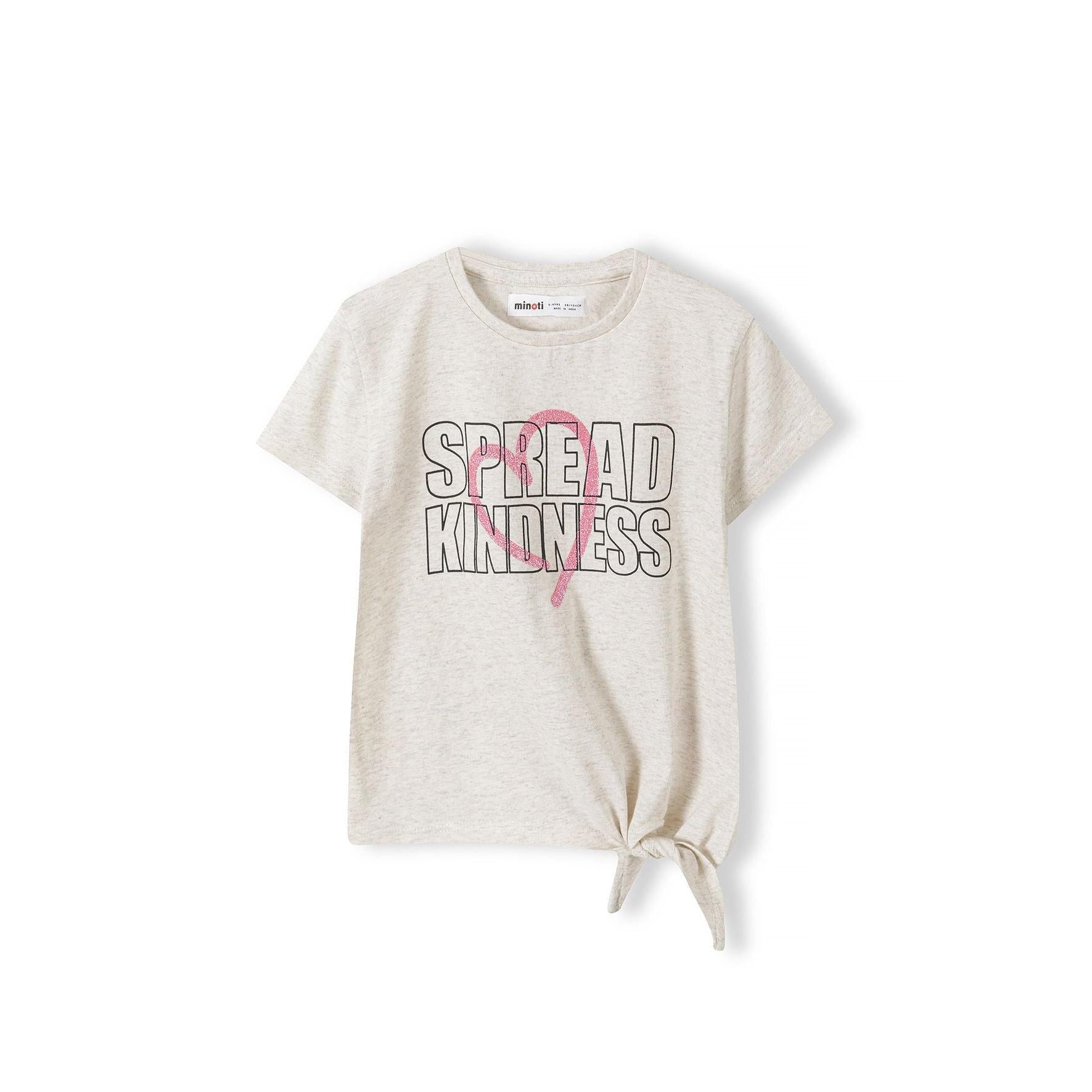 Back view of beige melange tie-front t-shirt showing plain design and tie detail at hem on white background