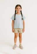 Girls twill shorts with light blue ruffled short-sleeved top
