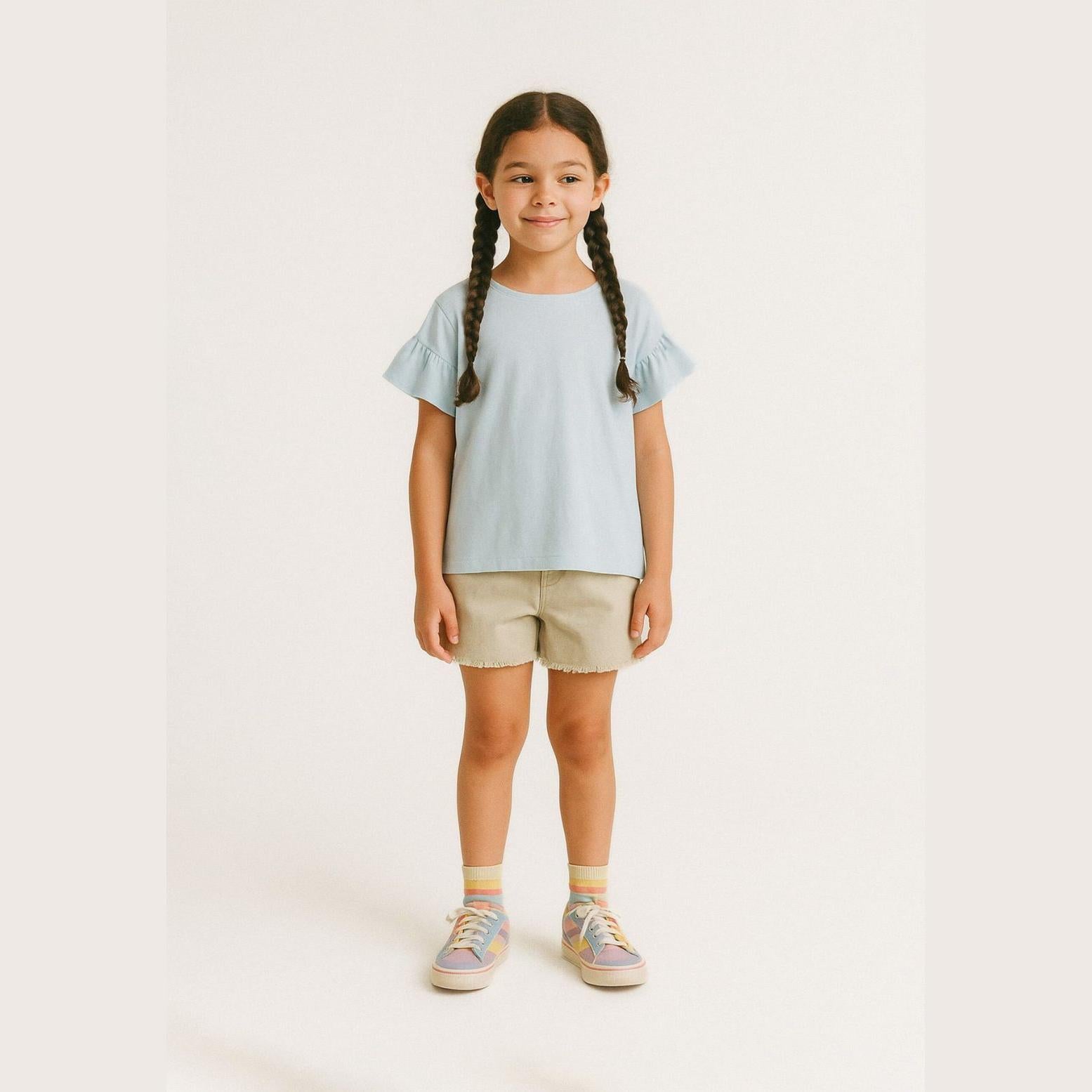 Young girl wearing light blue top and grey twill shorts with elasticated waist, standing against cream background