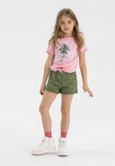 Pink tie-dye t-shirt with palm tree on girls twill shorts, olive green elasticated paperbag waist