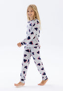 Girls velour long sleeve pyjama set with all-over print grey 2-14y featuring a playful heart design, made from soft velour fabric.