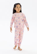 Girls velour long sleeve pyjama set pink 9m-8y featuring a playful floral print, made of soft velour for cozy sleepwear.